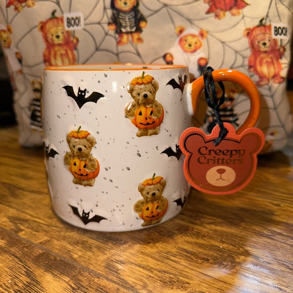 Halloween Mug - Orange and White with cute teddy bears in a pumpkin costume bats